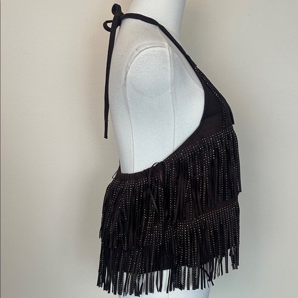 ZARA Dark Brown shimmer faux suede fringe top size large - Picture 8 of 9